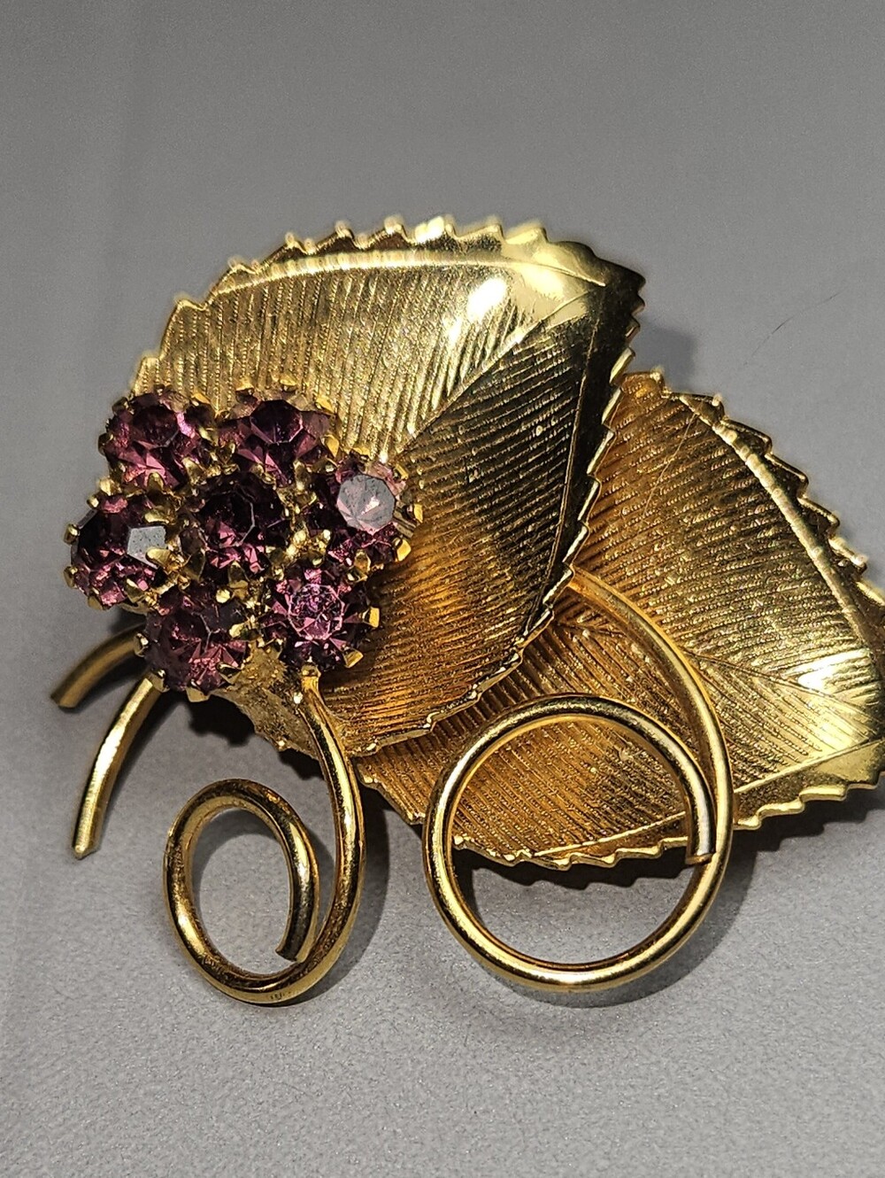 Gold Leaf Brooch with Purple Crystal Cluster